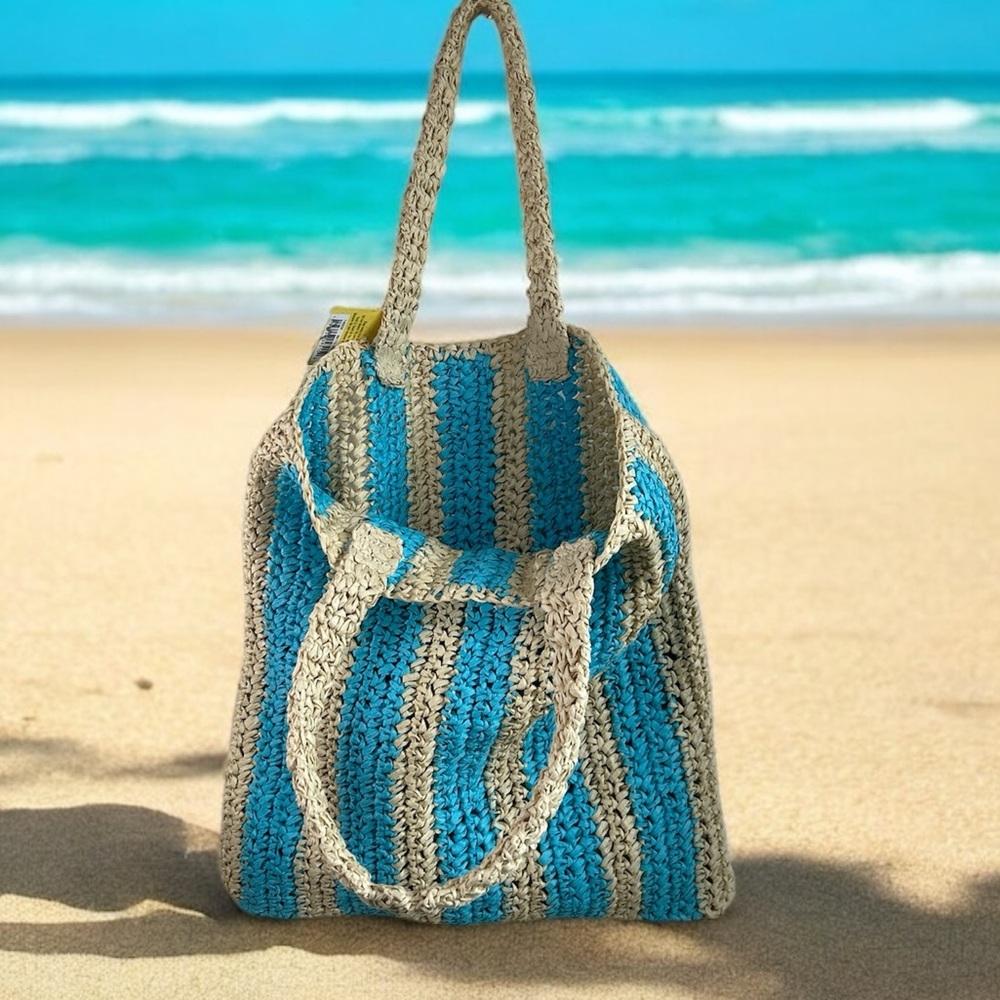 Ashland Paper Woven Blue and Tan Striped Beach Tote